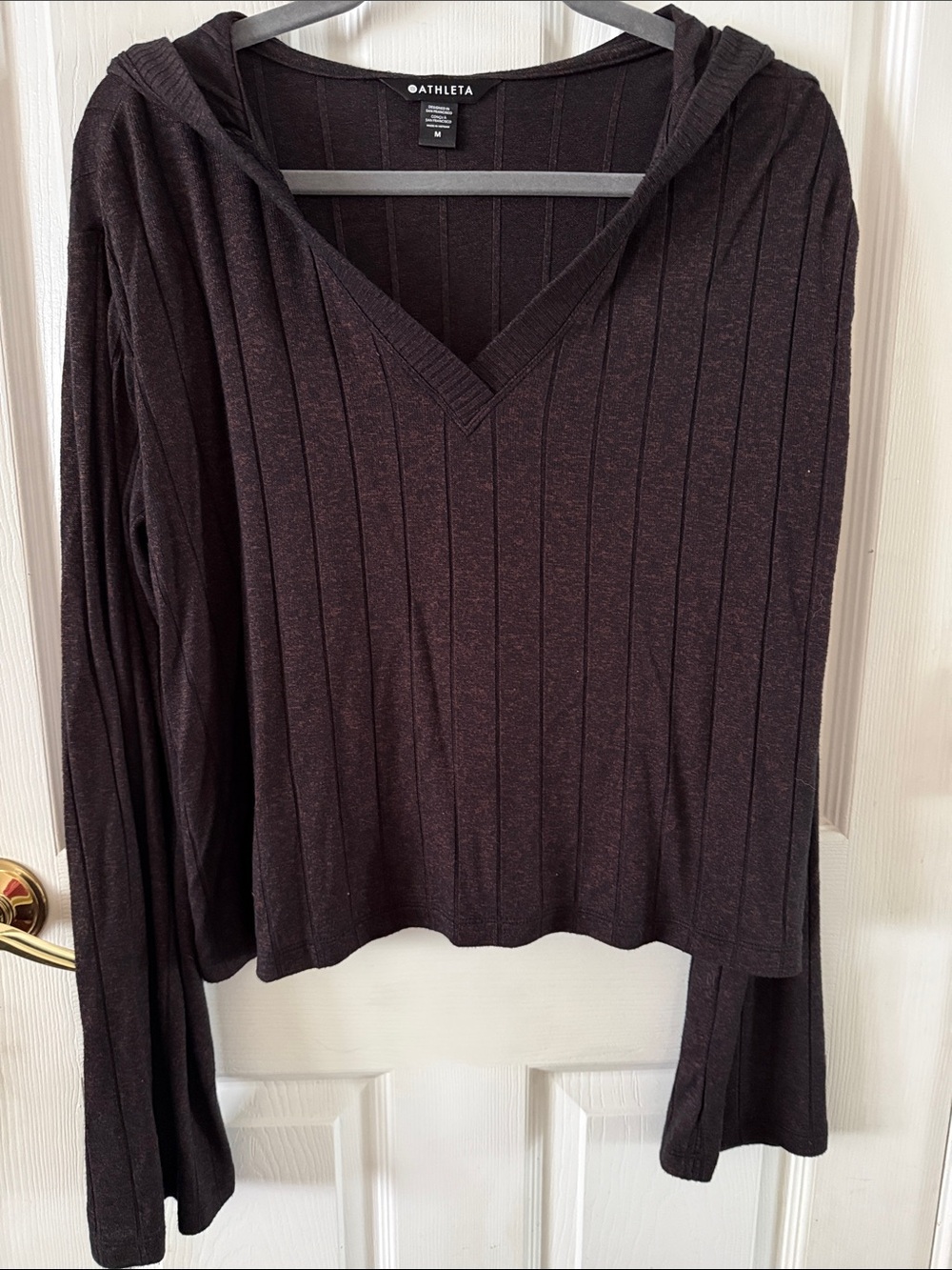 Athleta Black Ribbed V-Neck Hooded Long Sleeve Top